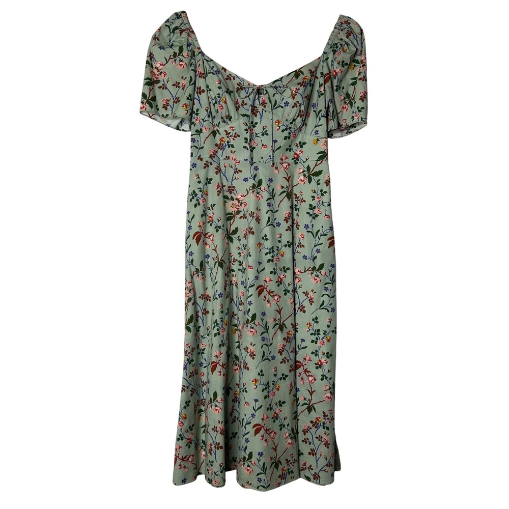 LK Bennett‎ London Dress Sz 6 Sage Green Floral Puff Sleeve Smocked Bodice Midi